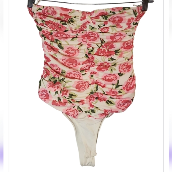ZARA Blogger Fave Pink Floral Rose Ruched Bodysuit Medium Strapless Romantic Y2k - Picture 2 of 15